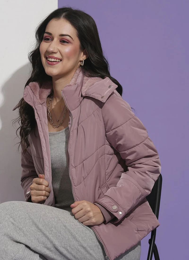 globus Globus Women Mock Neck Front Pockets Winter Wear Insulator Puffer Jacket With Detachable Hood